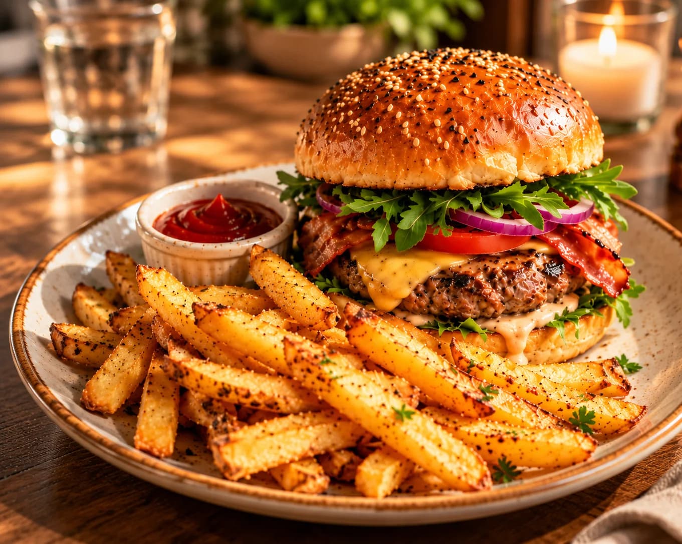 A burger with fries after AI enhancement